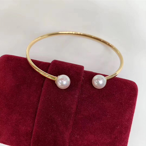 Simple Style Round Stainless Steel Inlay Artificial Pearls Cuff Bracelets