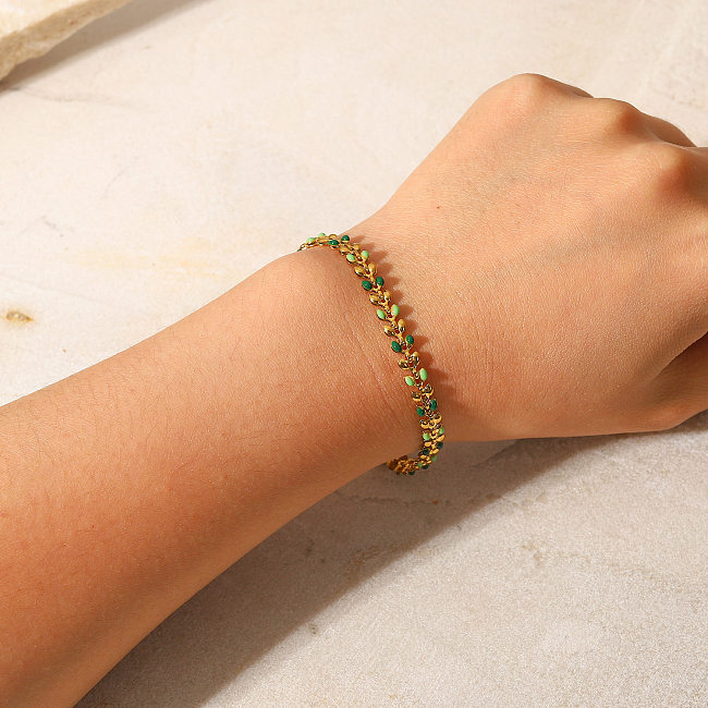 Fashion Women New 18K Gold Green Drop Olive Leaf Stainless Steel Bracelet