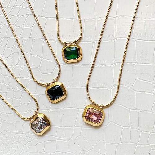 Simple Style Square Stainless Steel  Plating Inlay Zircon 18K Gold Plated Pendant Necklace
