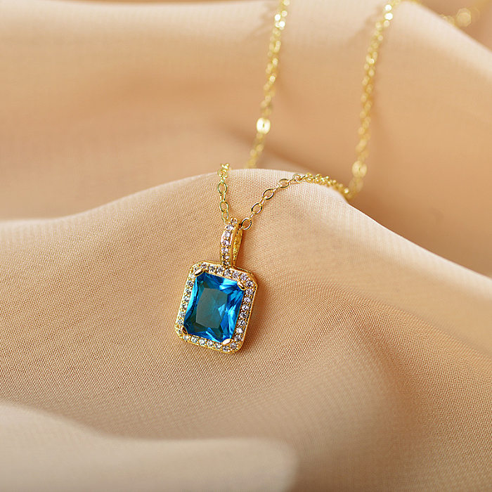 Fashion Square Stainless Steel Gold Plated Zircon Pendant Necklace 1 Piece