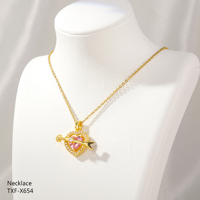 Romantic Sweet Heart Shape Rose Stainless Steel  Plating Inlay Rhinestones Pearl Zircon Pendant Necklace