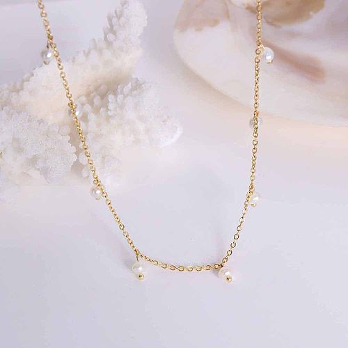Simple Stainless Steel Plated 18k Gold Freshwater Pearl Stitching Necklace Jewelry
