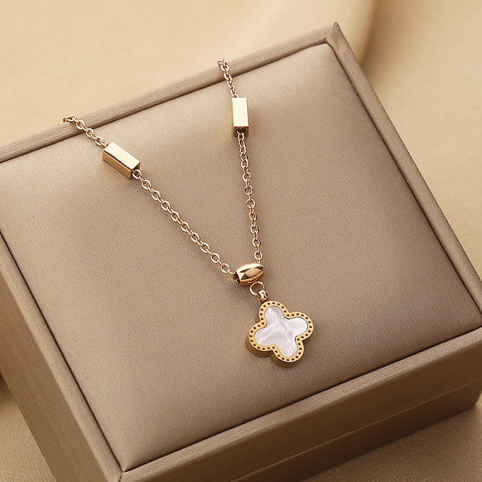 Simple Style Four Leaf Clover Stainless Steel Inlay Shell Necklace