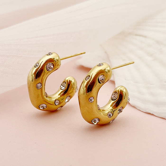 1 Pair Retro C Shape Plating Inlay Stainless Steel  Zircon Gold Plated Ear Studs