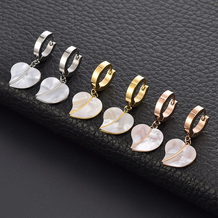 1 Pair INS Style Basic Heart Shape Stainless Steel Inlay Shell Drop Earrings