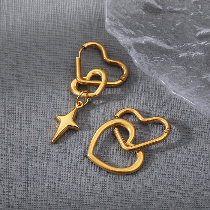 1 paire de boucles d'oreilles en forme d'étoile et de cœur, Style Simple et doux, en acier inoxydable, plaqué Patchwork asymétrique, plaqué or 18 carats