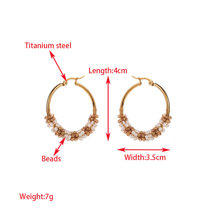 1 Pair Elegant Circle Inlay Stainless Steel Beads Gold Plated Earrings