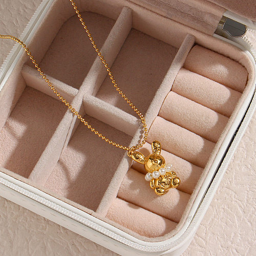 Modische geometrische Bär-Edelstahl-Halskette mit Inlay, künstlichen Perlen, Edelstahl-Halsketten