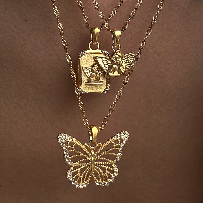 Atacado estilo britânico borboleta quadrada aço inoxidável 18K banhado a ouro colar com pingente de pedras preciosas artificiais