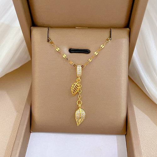 Fashion Leaves Stainless Steel Copper Plating Hollow Out Inlay Zircon Pendant Necklace