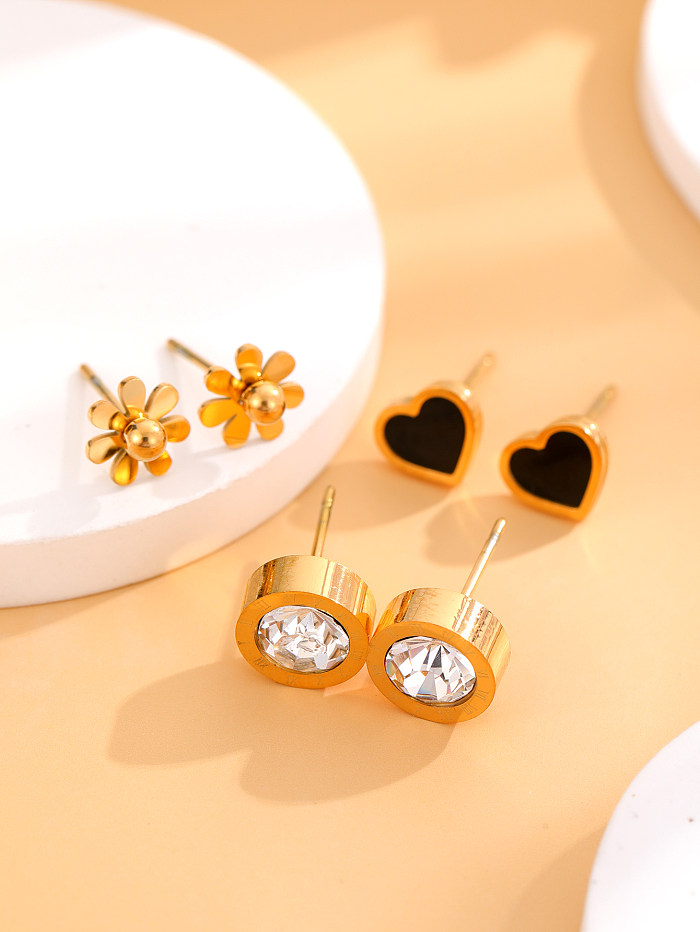 1 Set Simple Style Round Heart Shape Flower Plating Inlay Stainless Steel Shell Zircon 18K Gold Plated Ear Studs
