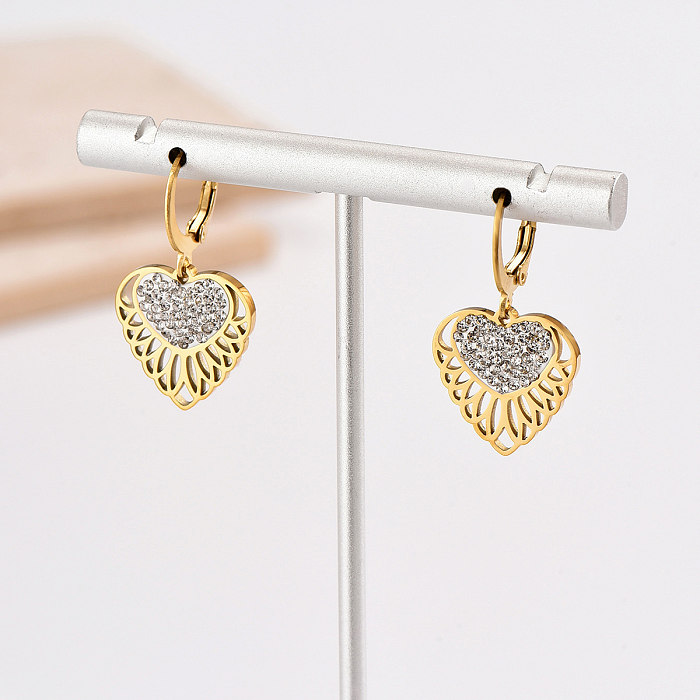 Boucles d'oreilles pendantes plaquées or 1 carats, 14 paire, Style moderne, incrustation de polissage en forme de cœur, strass en acier inoxydable