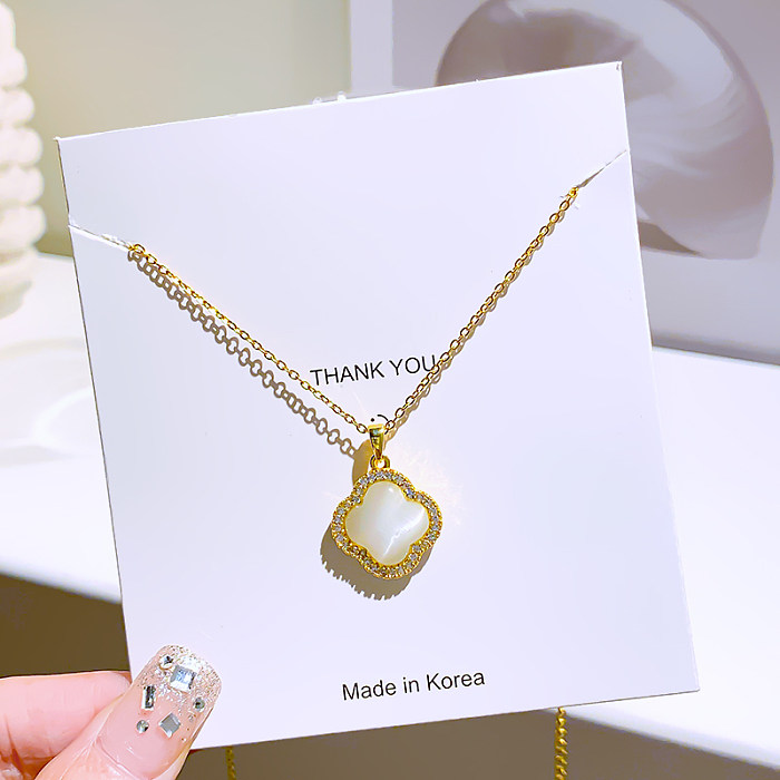 Shiny Korean Style Four Leaf Clover Stainless Steel Plating Inlay Zircon Gold Plated Pendant Necklace