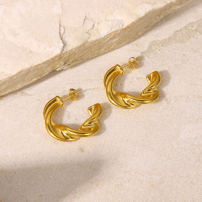 Fashion 18K Gold Plated Twisted C-Shaped Geometric Stainless Steel  Twisted Hoop Earrings