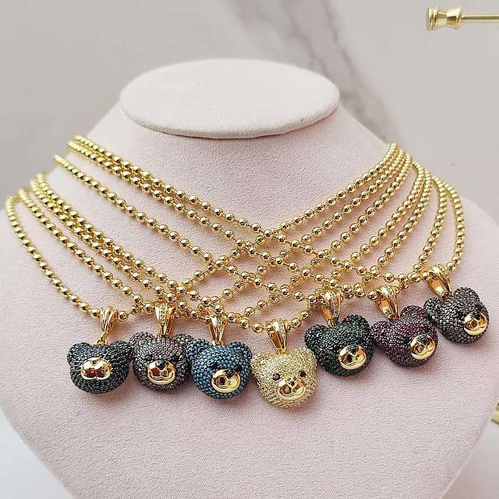 IG Style Sweet Bear Stainless Steel  Zircon 18K Gold Plated Pendants Necklace