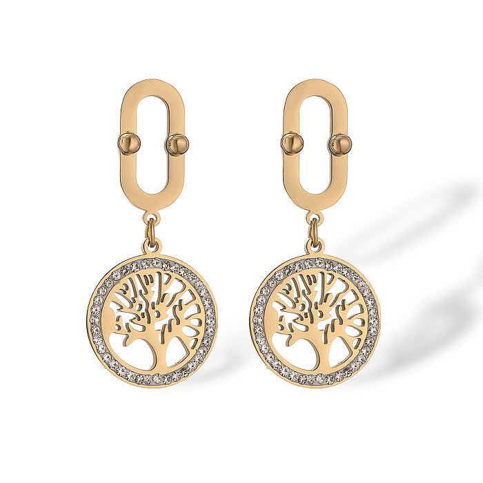 1 Pair Simple Style Commute Bc1035 Lucky Tree Plating Inlay Stainless Steel Turquoise Zircon 18K Gold Plated Drop Earrings