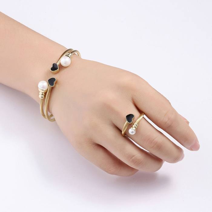 Fashion Heart Shape Stainless Steel Plating Artificial Pearls Bangle