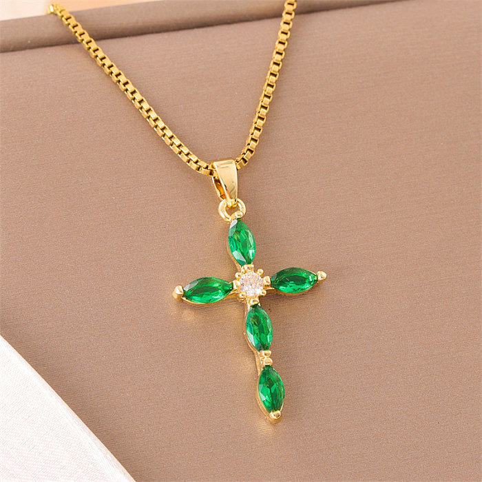 Basic Simple Style Classic Style Cross Stainless Steel  Stainless Steel Plating Inlay Zircon 18K Gold Plated Pendant Necklace