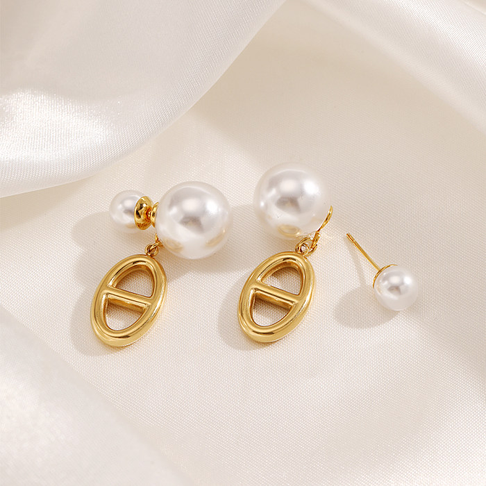 1 Paar französischer Stil, moderner Stil, einfarbig, Edelstahl-Beschichtung, Intarsien, künstliche Perlen, 18 Karat vergoldete Ohrhänger