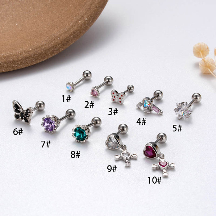 1 Piece Lady Classic Style Heart Shape Flower Butterfly Plating Inlay Stainless Steel  Copper Zircon 18K Gold Plated Rhodium Plated Ear Studs Cartilage Earrings