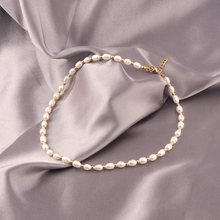 Collier de placage de perles d'acier inoxydable de perle d'eau douce de couleur unie de dame