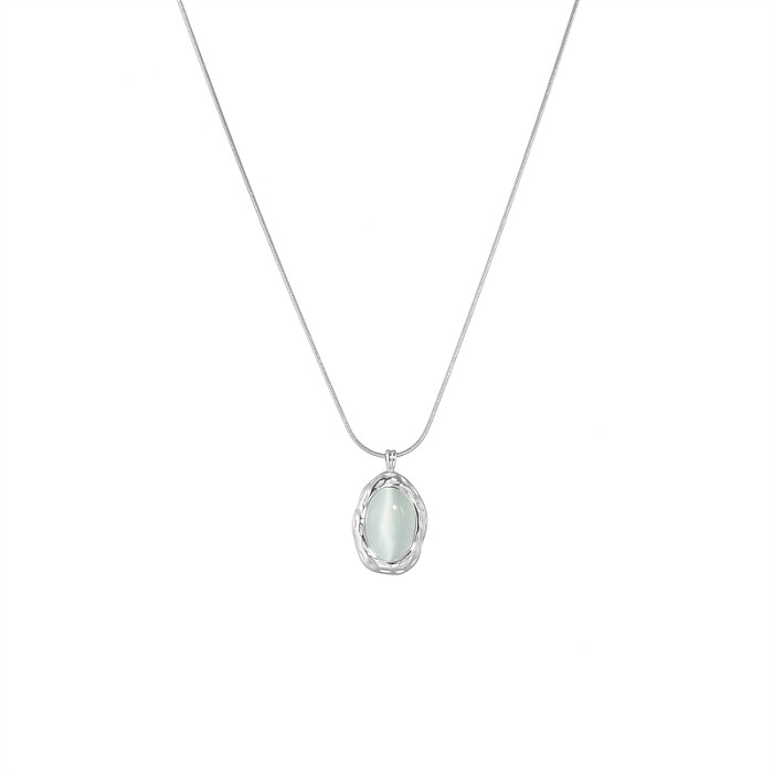Retro Oval Stainless Steel Inlay Opal Pendant Necklace