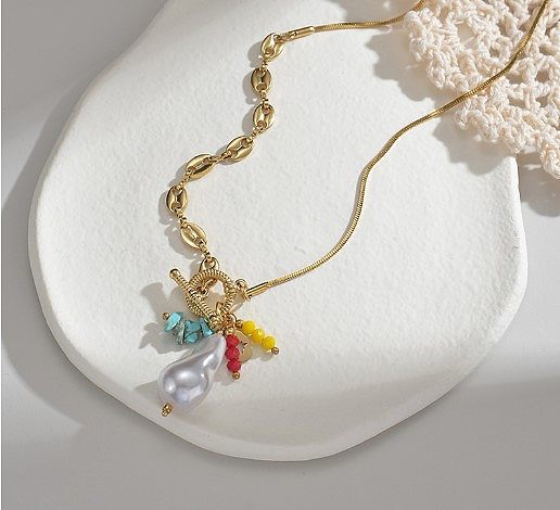 Collier avec pendentif plaqué perles en acier inoxydable, géométrique, à la mode, 1 pièce