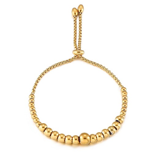 Bracelet réglable en acier inoxydable, perles rondes dorées, vente en gros de bijoux