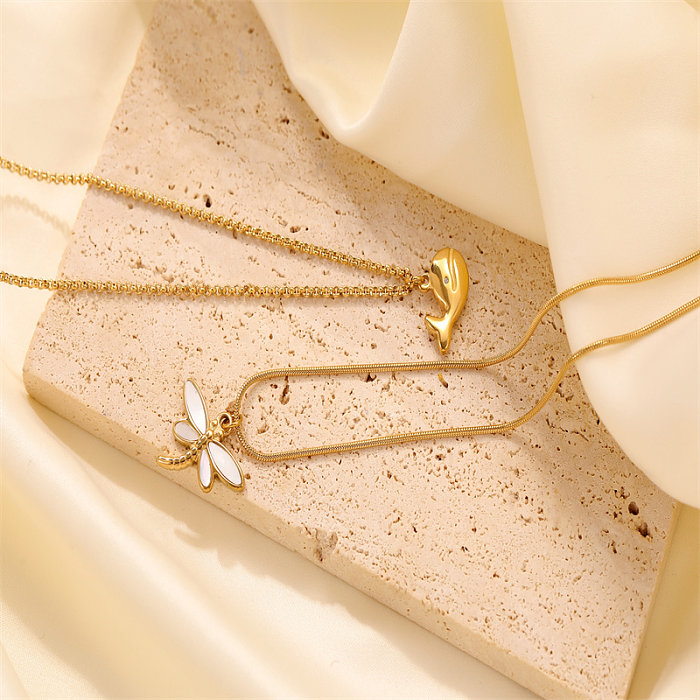 Collier avec pendentif en forme de libellule et de baleine, Style classique, plaqué en acier inoxydable, plaqué or