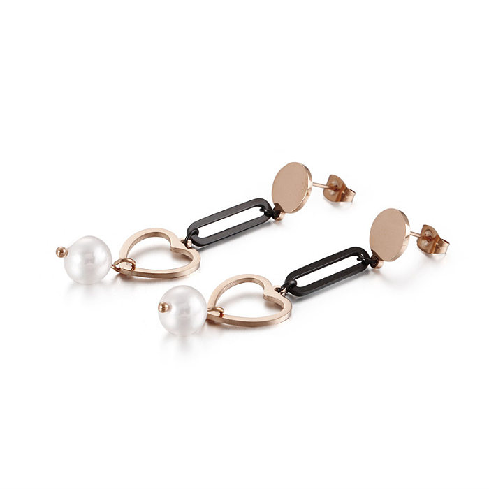 Boucles d'oreilles longues en perles en forme de cœur, bijoux créatifs rétro simples en acier inoxydable, vente en gros, nouvelle collection
