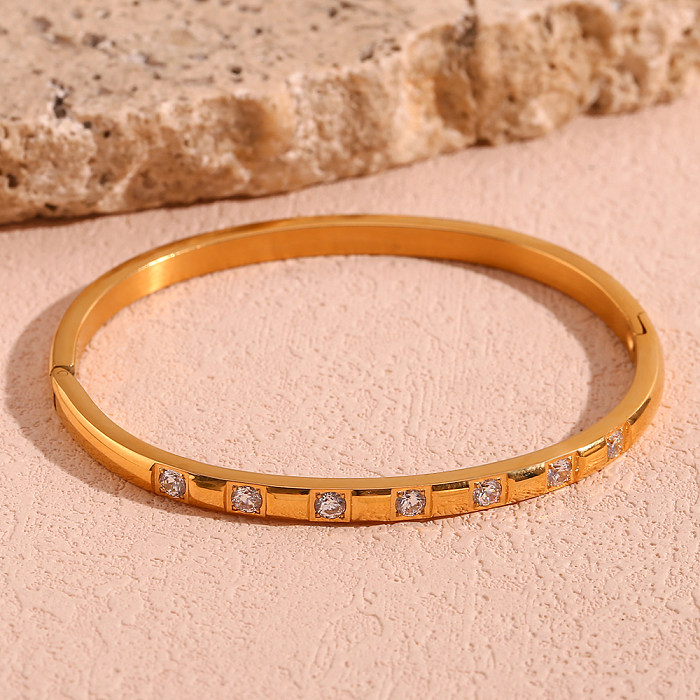Basic Simple Style Classic Style Solid Color Stainless Steel Plating Inlay Rhinestones 18K Gold Plated Bangle