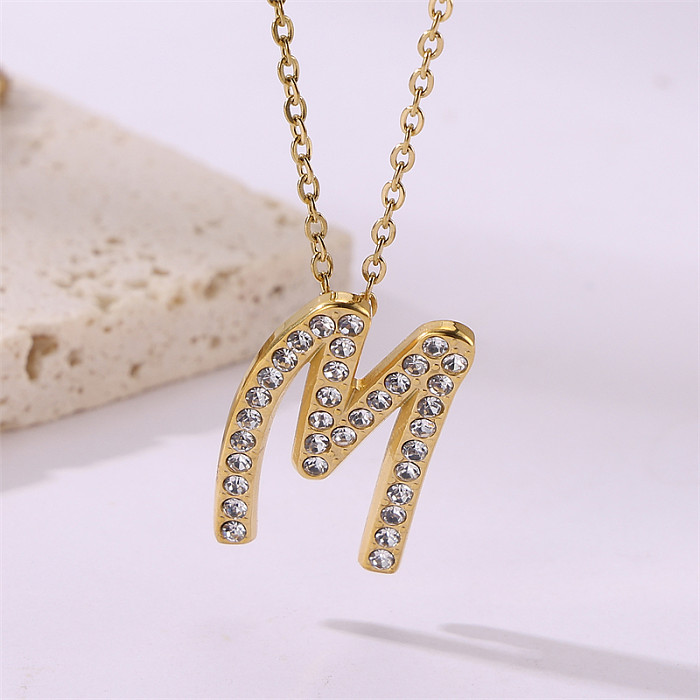 Simple Style Streetwear Letter Stainless Steel  Plating Inlay Zircon Gold Plated Pendant Necklace