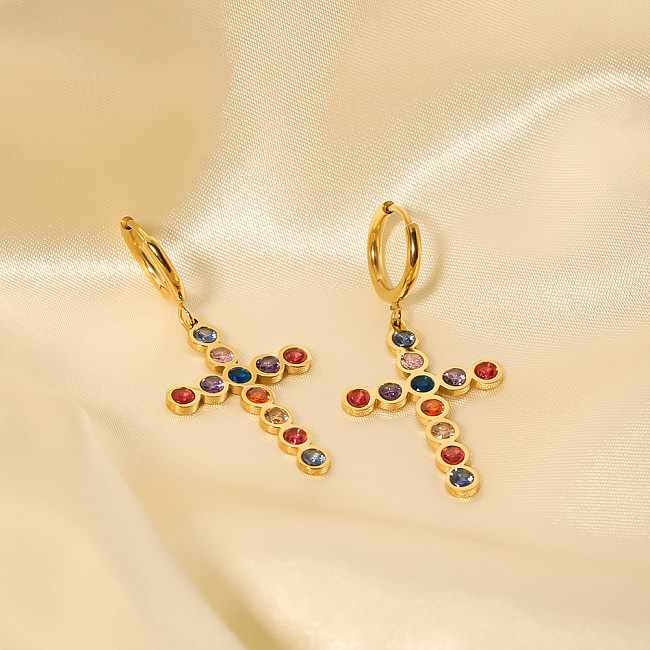 1 Pair IG Style Cross Plating Inlay Stainless Steel  Rhinestones 18K Gold Plated Drop Earrings