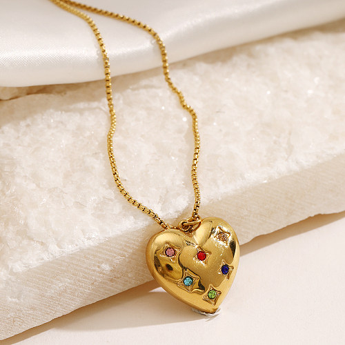 Collier Long avec pendentif plaqué or 18 carats, Style Simple et décontracté, en forme de cœur, incrustation de placage en acier inoxydable, Zircon