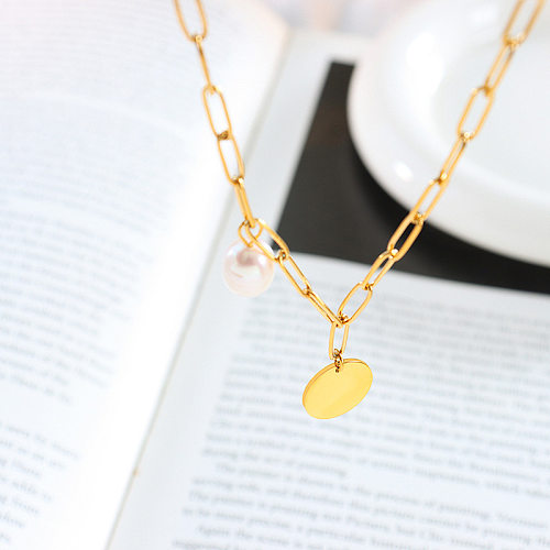 Simple Style Oval Stainless Steel Inlay Freshwater Pearl Necklace