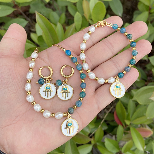 Collier de perles en pierre naturelle plaqué acier inoxydable, palmier à la mode, 1 pièce