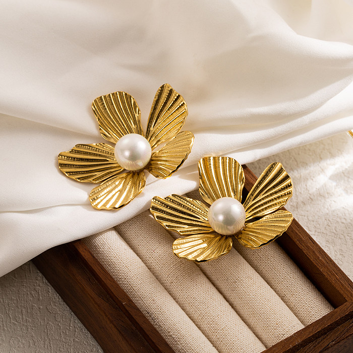 1 paire de clous d'oreilles plaqués or, Style Simple et doux, fleur et papillon, incrustation de perles artificielles en acier inoxydable