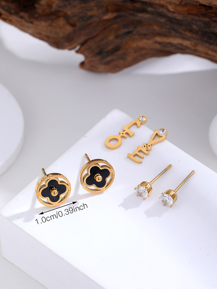 3 Pieces Set Elegant Simple Style Streetwear Four Leaf Clover Letter Inlay Stainless Steel Zircon Ear Studs
