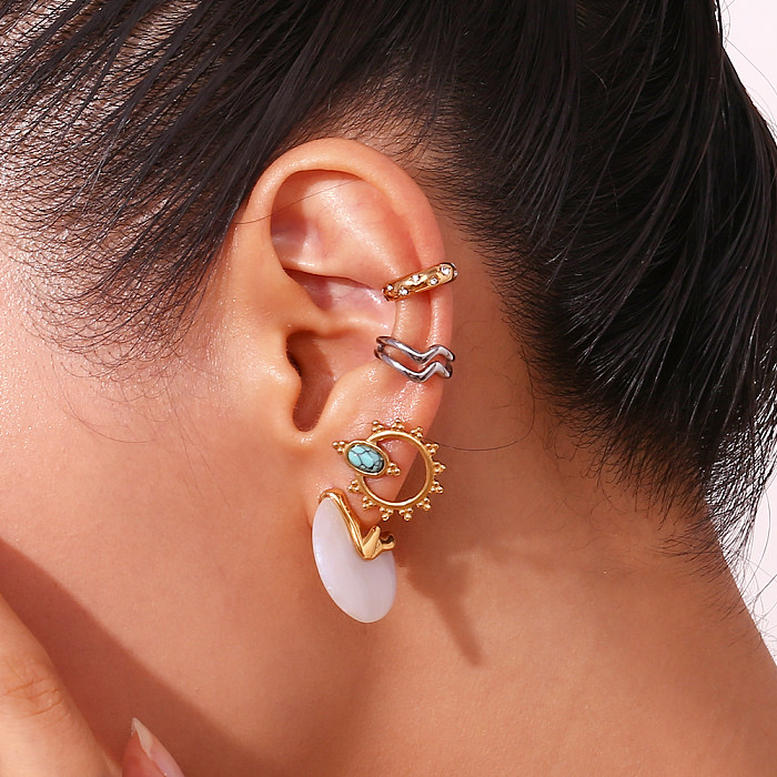 1 paire de boucles d'oreilles rondes et ovales, Style Simple et décontracté, incrustation en acier inoxydable, Turquoise, plaqué or 18 carats