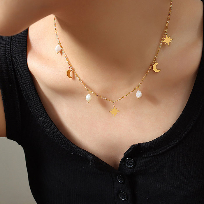 Collier en acier inoxydable étoile lune à la mode, placage de perles, colliers en acier inoxydable
