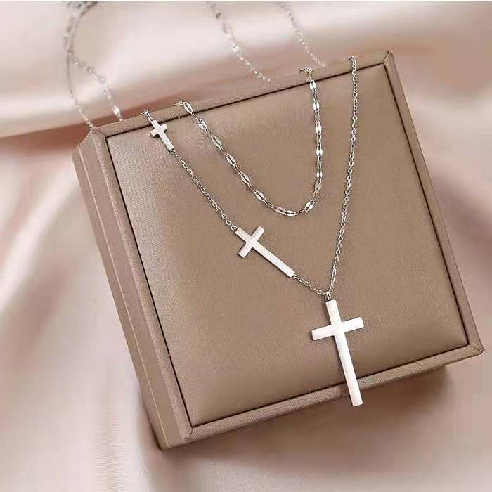 Fashion Cross Stainless Steel Plating Layered Necklaces 1 Piece