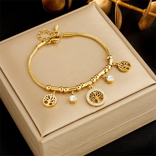 Wholesale Retro Tree Titanium Steel Plating Inlay 18K Gold Plated Artificial Diamond Bracelets