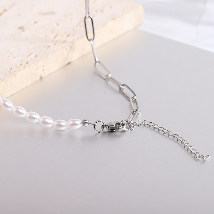 Simple Style Solid Color Stainless Steel Beaded Pendant Necklace