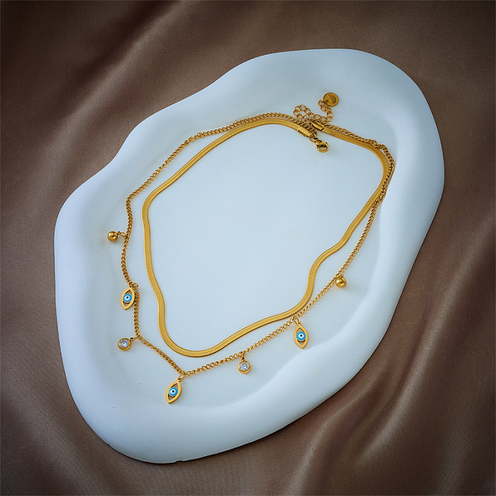 Runde Teufelsauge-Halsketten im Retro-Stil mit Intarsien aus Edelstahl und Strasssteinen, 1 Stück