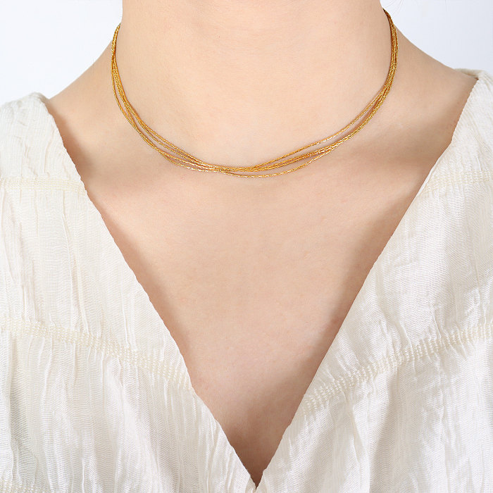 Einfache, schlichte, mehrschichtige Halsketten mit einfarbiger Edelstahlbeschichtung und 18-Karat-Vergoldung
