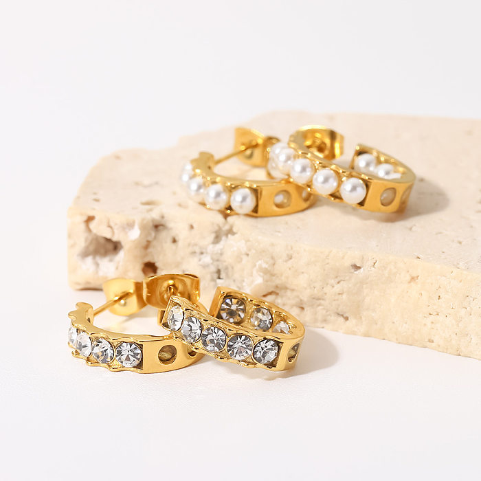 Pendientes geométricos de acero inoxidable con forma de C a la moda Pendientes de acero inoxidable con circonitas y perlas con incrustaciones