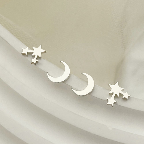 2 Pairs Sweet Simple Style Star Moon Polishing Stainless Steel  Ear Studs