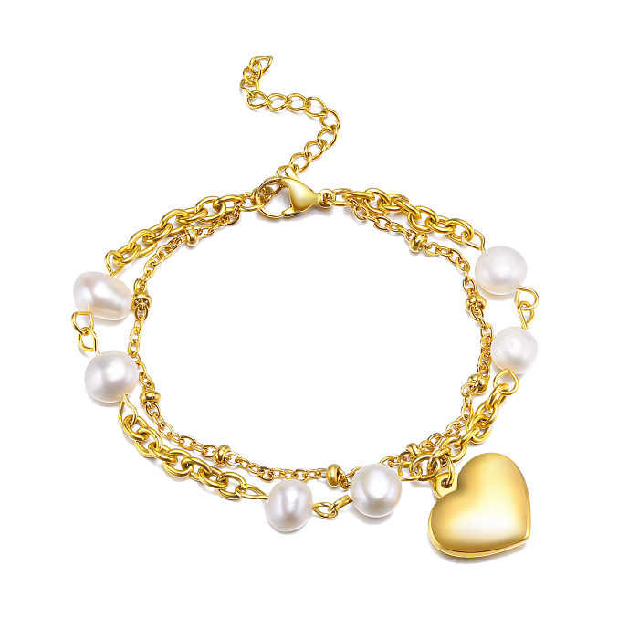 Pulseras chapadas en oro de 18 quilates con perlas en capas de acero inoxidable y mariposa de estilo simple