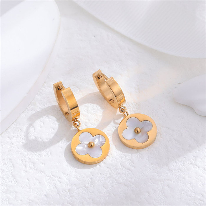 1 paire de boucles d'oreilles pendantes en acier inoxydable plaqué or, Style moderne et décontracté, fleur
