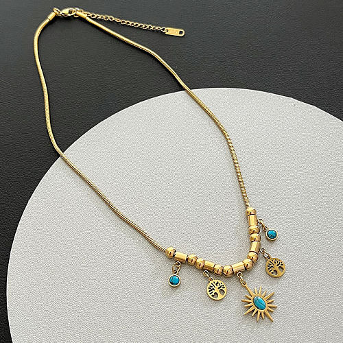 Retro Round Stainless Steel Inlay Turquoise Necklace